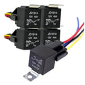 Set of five black 12V automotive relays with wire harness and mounting terminals