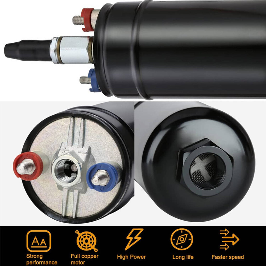 External fuel pump close-up with silver mounting bracket and wiring/connector details