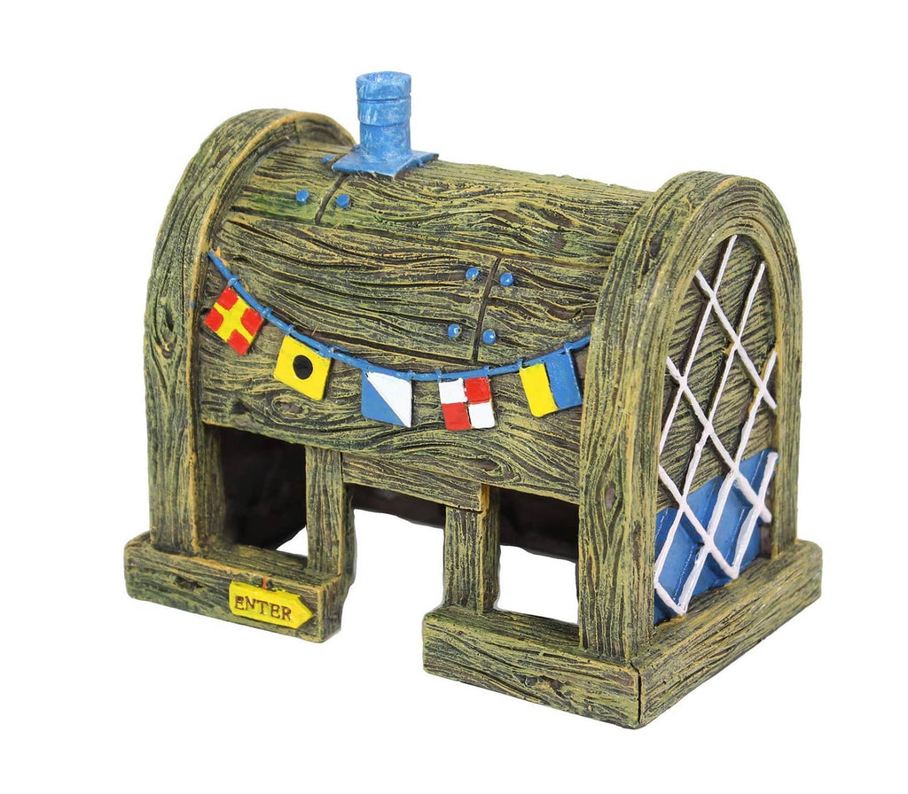 Wooden-look aquarium ornament with blue chimney, arched windows, and colorful bunting
