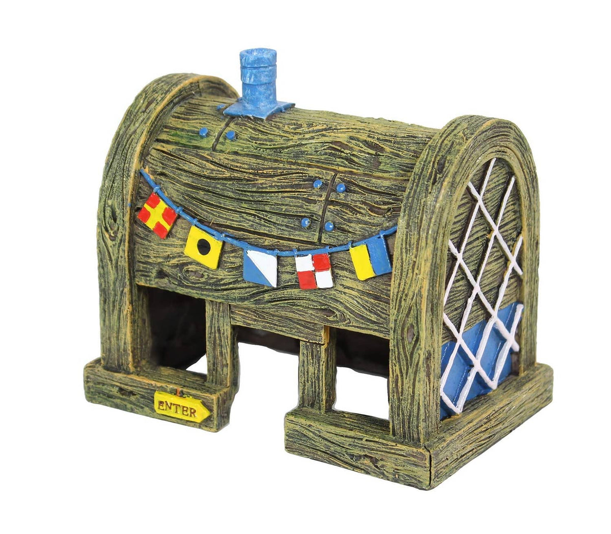 Wooden-look aquarium ornament with blue chimney, arched windows, and colorful bunting