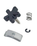 Black thumb screw with coiled spring and metal retaining clip for throttle tension kit