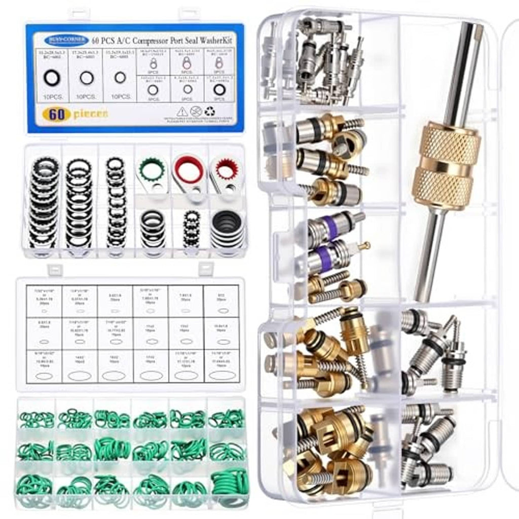 Clear A/C compressor seal washer kit with assorted valve cores, washers, and gaskets in case