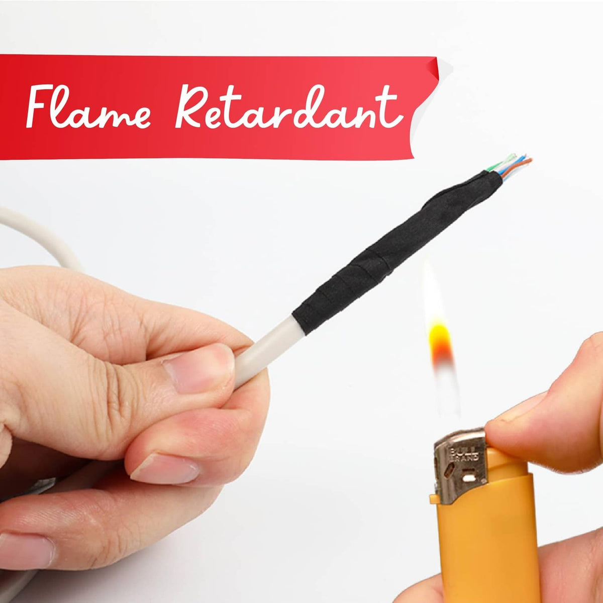 Black wire harness tape being applied to bundled wires for flare retardant use