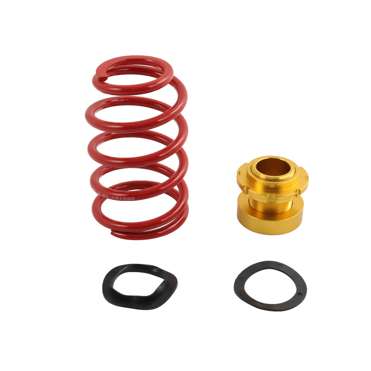 Coilover kit parts: red spring, gold spring seat, and black spacer rings