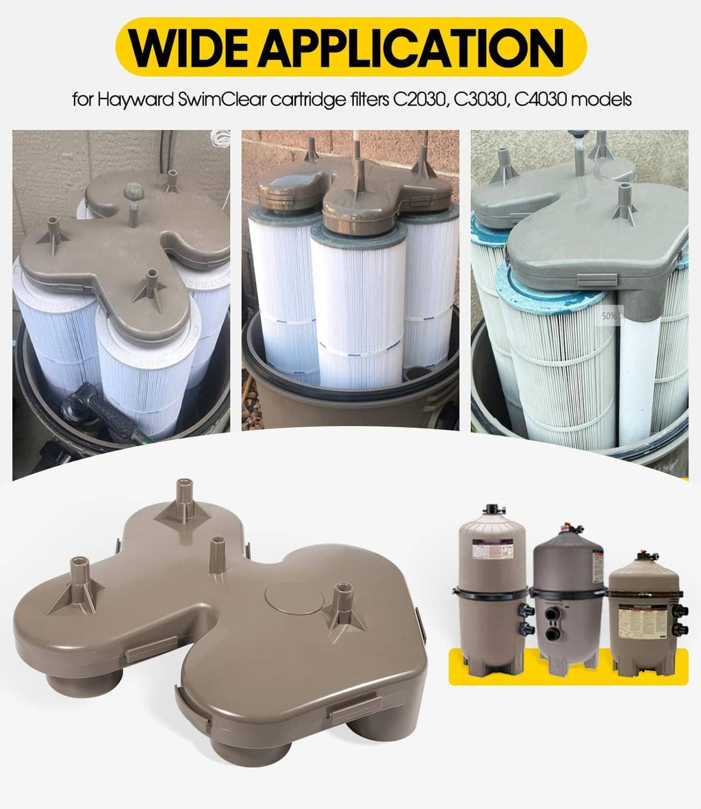 Gray plastic top manifold replacement with ports, shown with cartridge filter housings