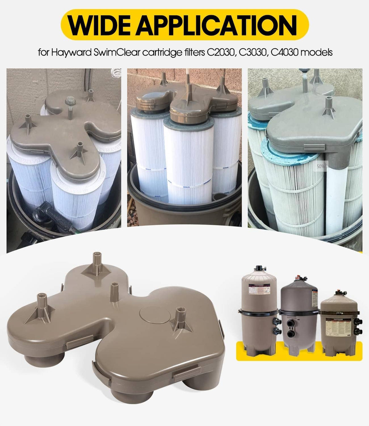Gray plastic top manifold replacement with ports, shown with cartridge filter housings