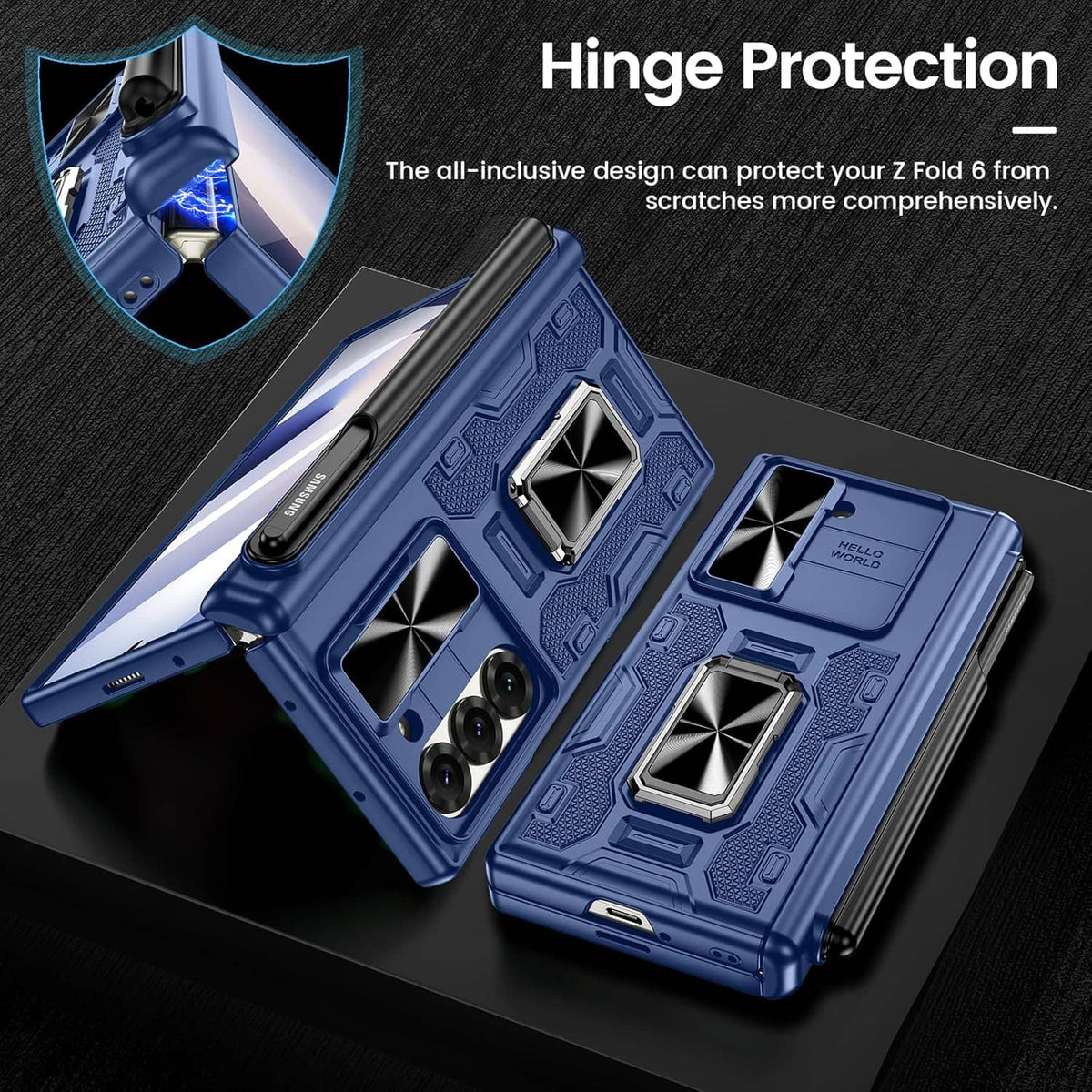 Blue fold phone case with hinge protection shield and textured grip panels