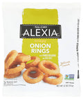 Crispy onion rings snack in white pouch with green label and Non-GMO badge