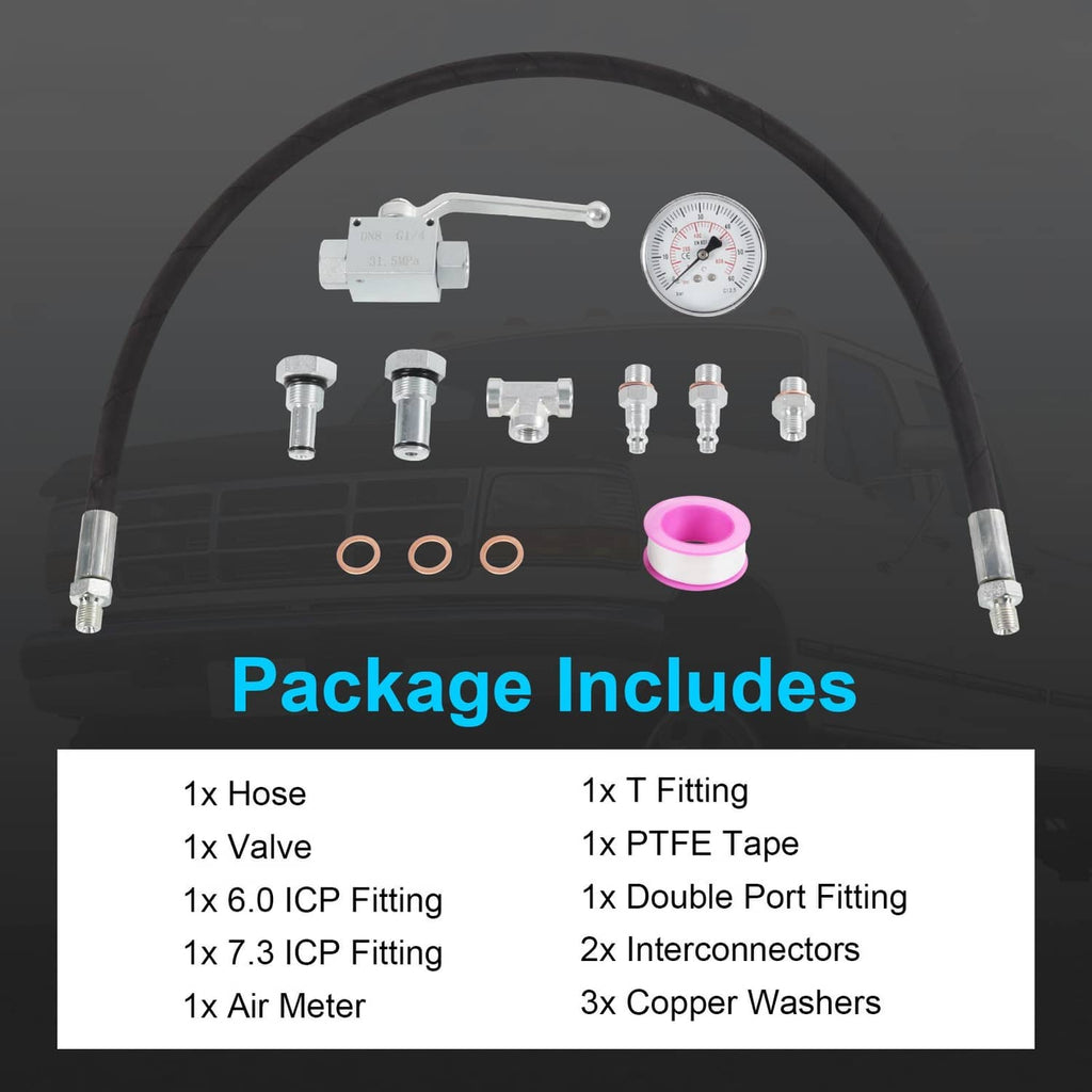 High pressure IPR air test tool kit with hose, gauge, valve, and multiple fittings