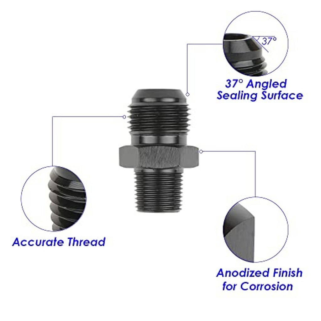 10AN to 3/4 NPT adapter featuring 37° angled sealing surface and threaded ports