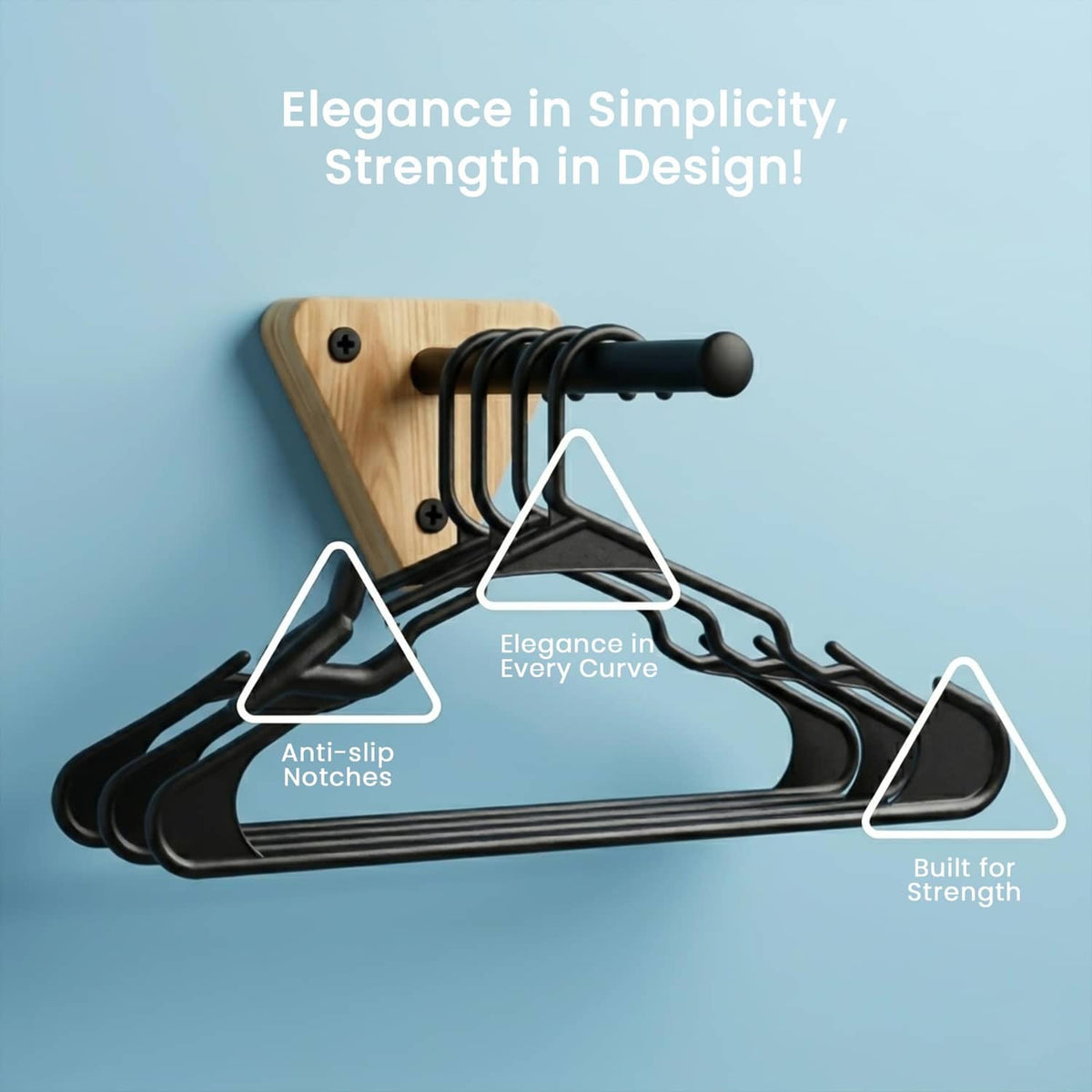 Stacked black plastic hangers with curved design, shown on a wall-mounted rack.