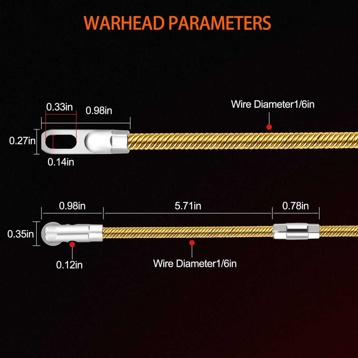 Gold spring wire fish tape with silver connectors and labeled dimensions on tape.