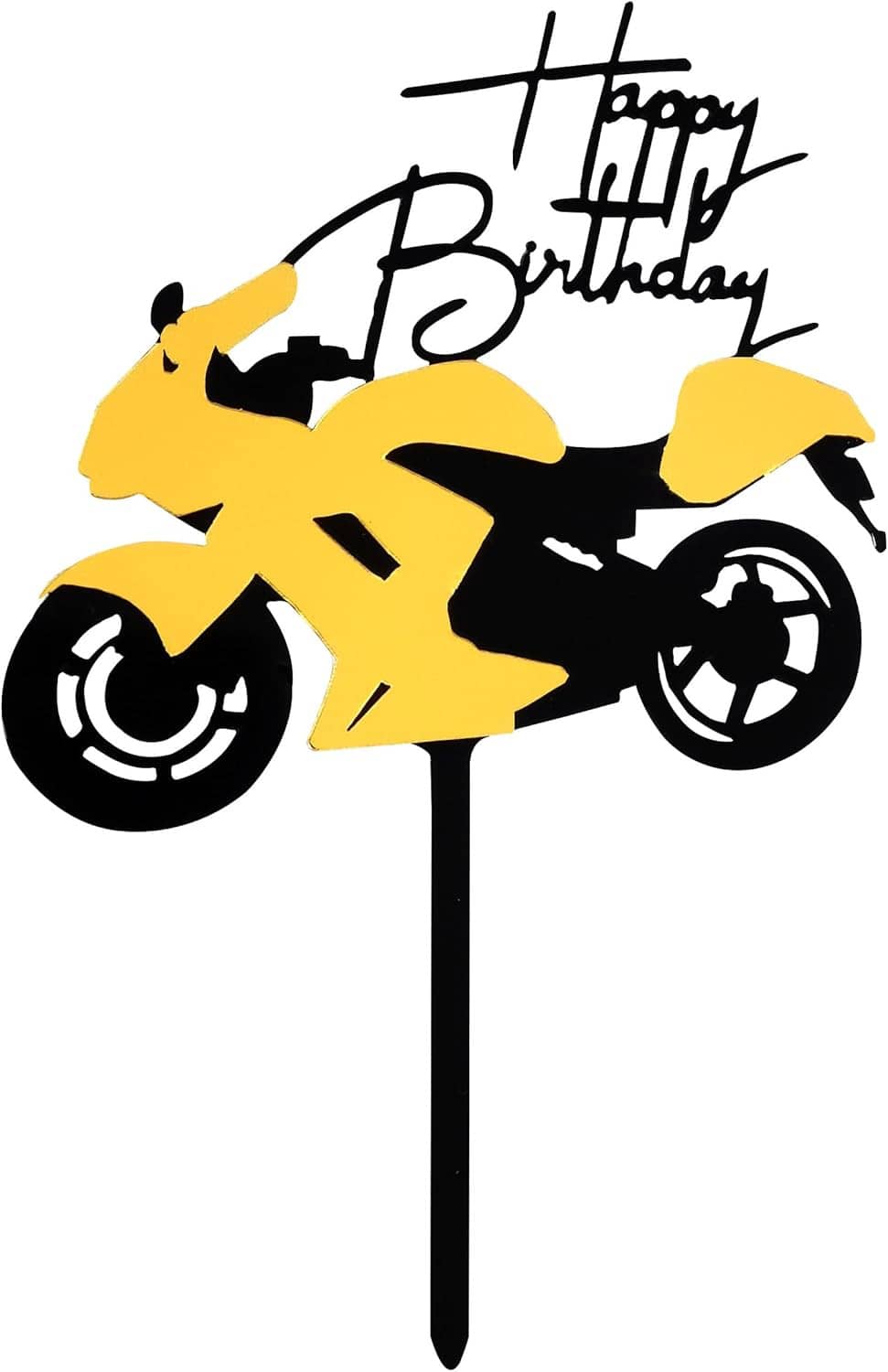 Motorcycle cake topper featuring black-and-yellow scooter and 'Happy Birthday' banner