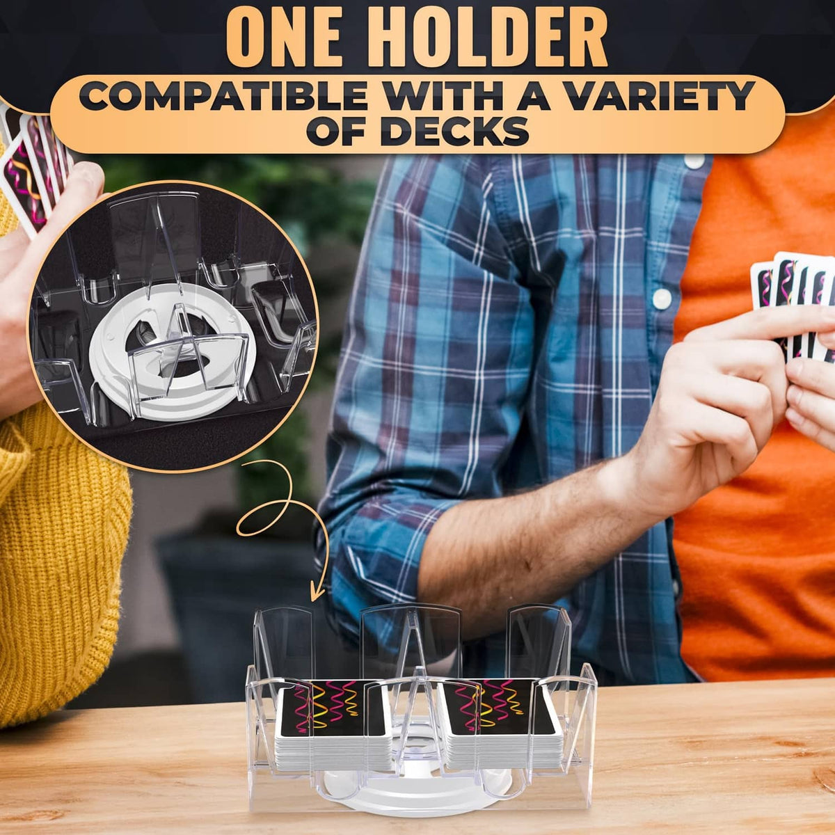 Transparent plastic card holder with multiple clear slots, shown being used with decks.
