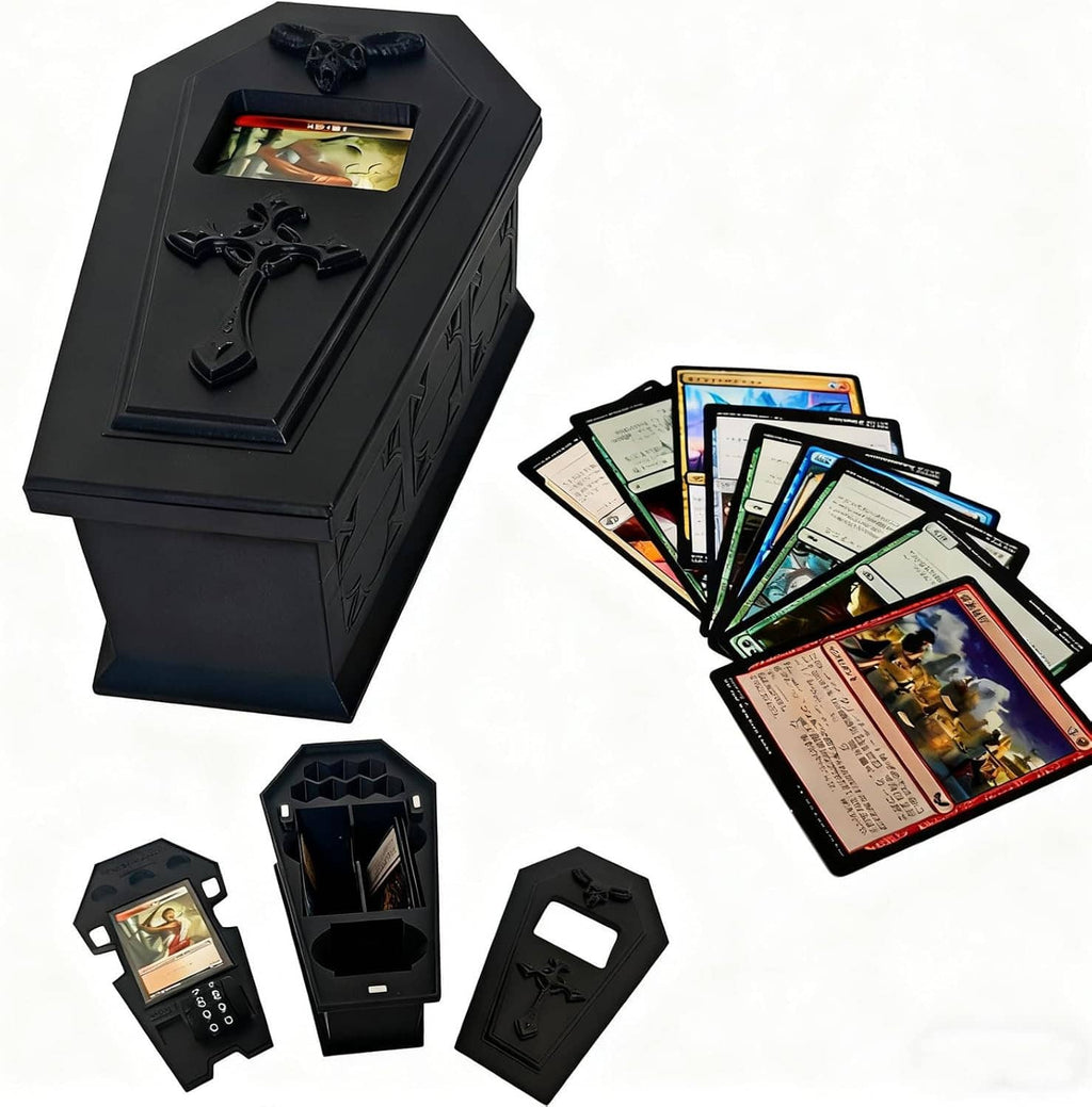 Black coffin-style deck box for MTG with open card compartment and engraved emblem