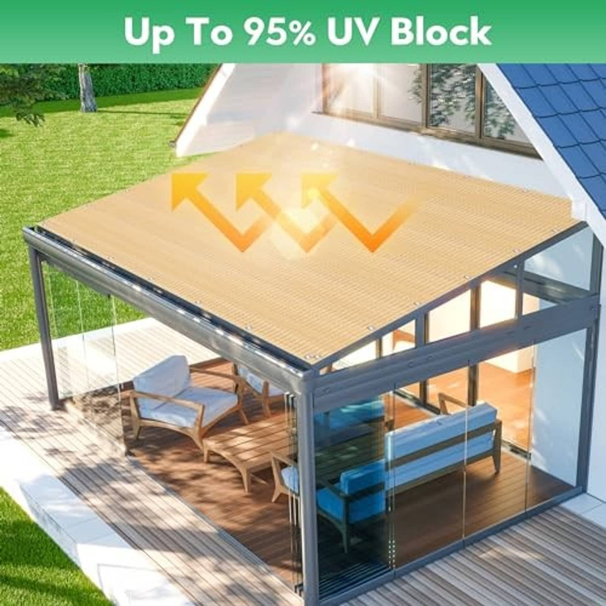 Desert sand UV shade cloth stretched over pergola roof frame with metal grommets.