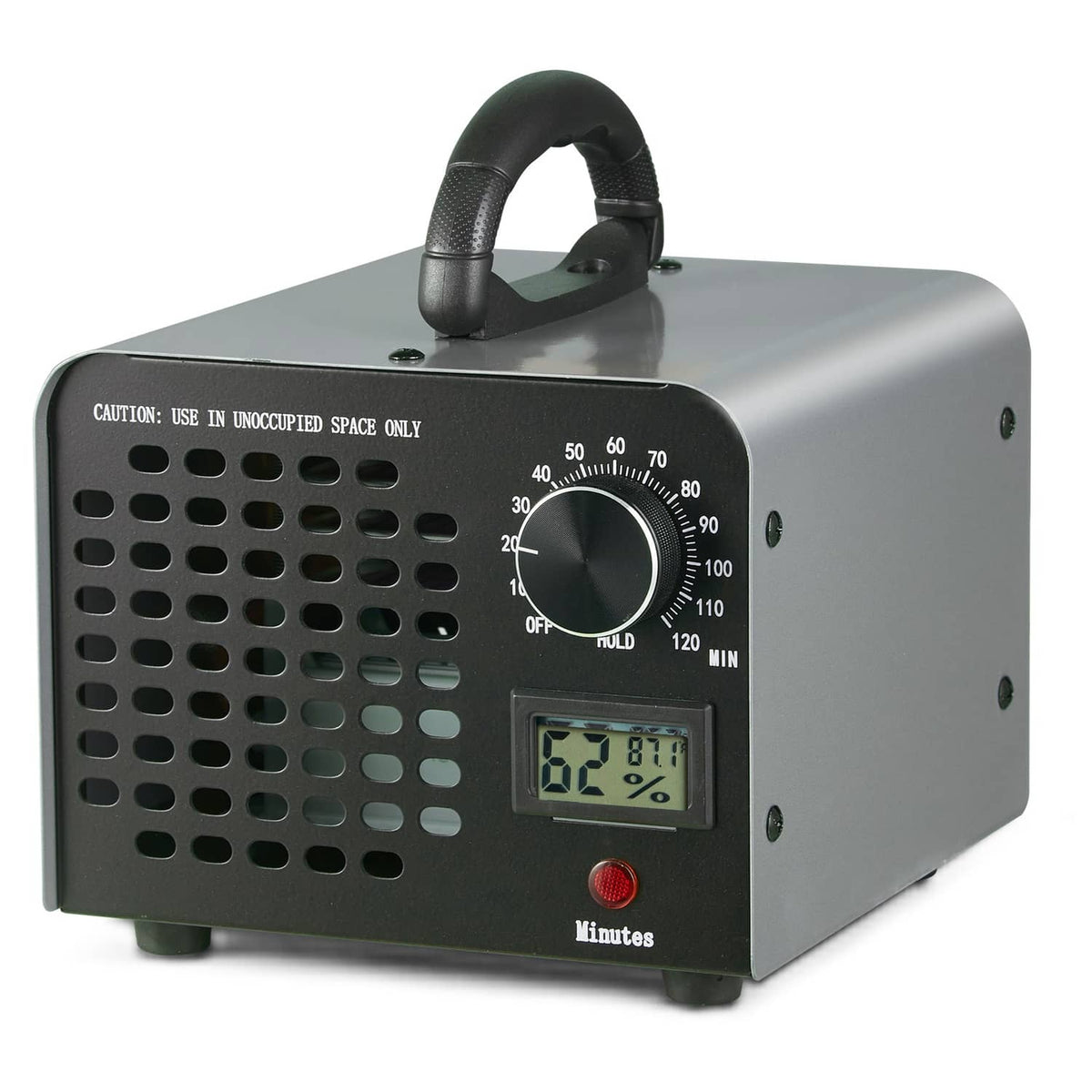 Gray ozone generator with black handle, vented grille, control dial, and LCD humidity screen.