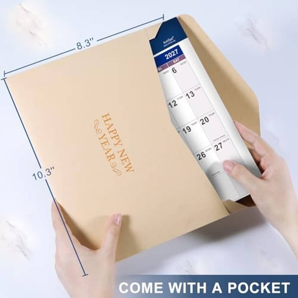 2026-2027 wall calendar with pocket for inserts, with Happy New Year text on cover