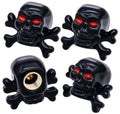 Set of 4 black skull tire valve stem caps with red eyes and crossed-bone design