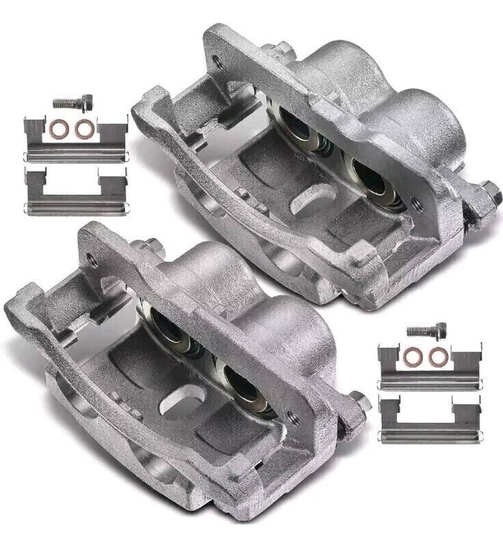 Two silver front brake calipers with small mounting hardware clips