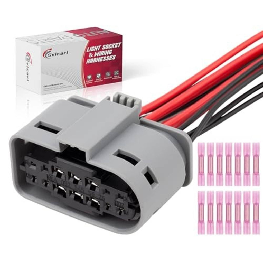Grey headlight connector pigtail with red and black wires and 14-pin socket