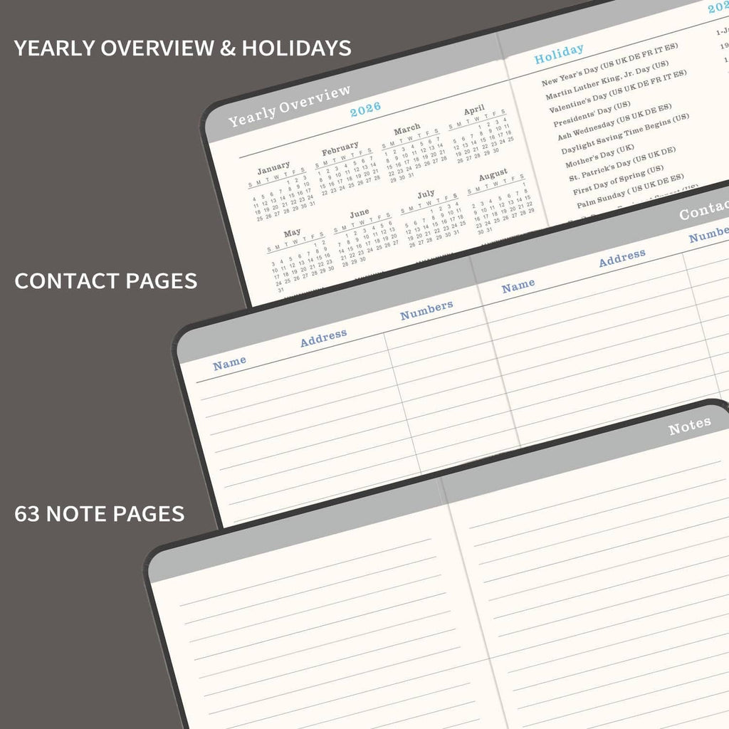 Pocket planner interior showing yearly overview, holidays, and contact pages layout