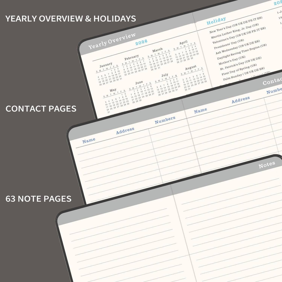 Pocket planner interior showing yearly overview, holidays, and contact pages layout
