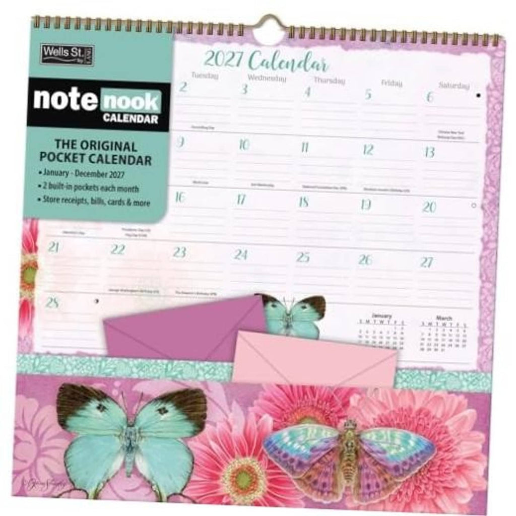 Butterflies 2027 pocket calendar with spiral binding and butterfly art, Note Nook by Jane Shasky