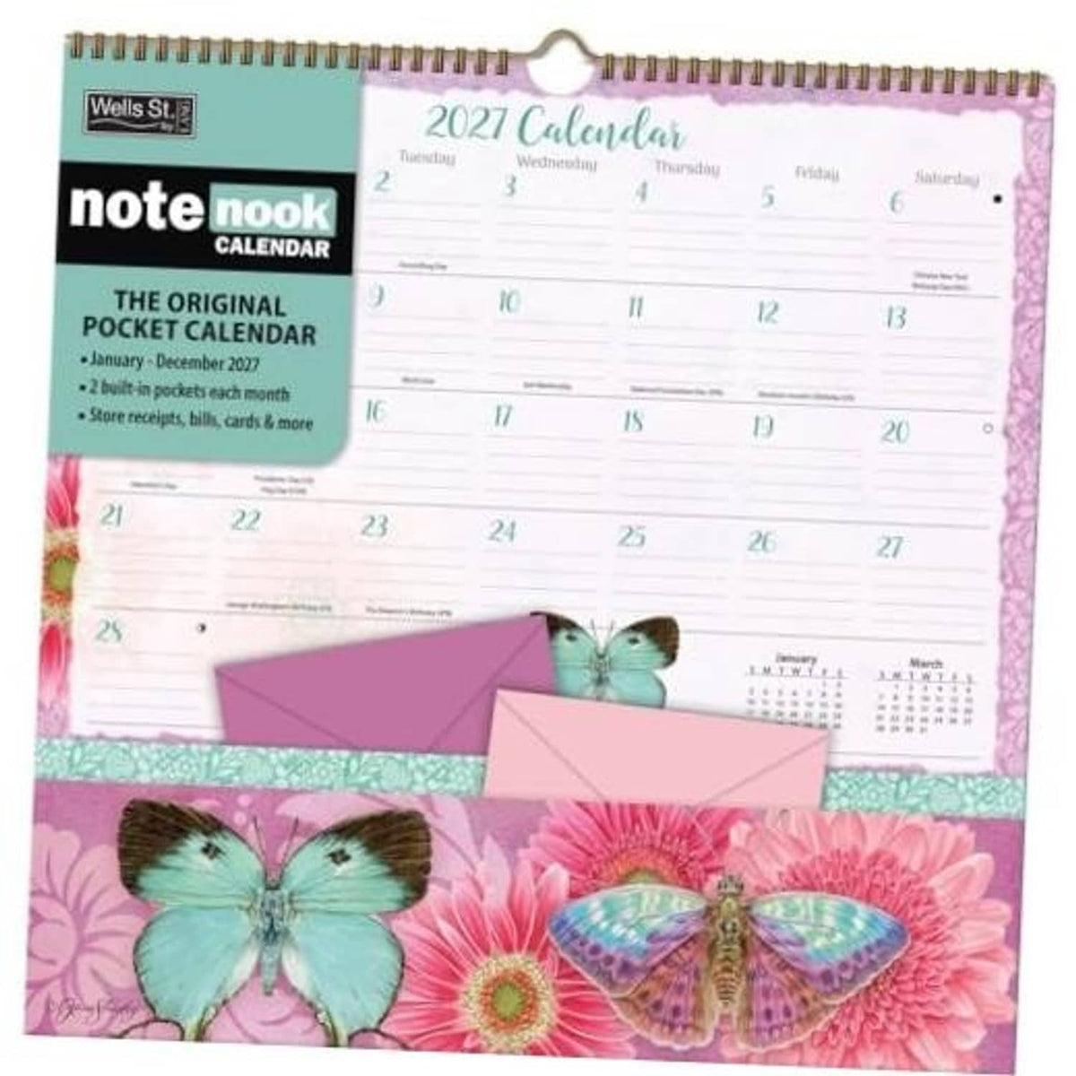 Butterflies 2027 pocket calendar with spiral binding and butterfly art, Note Nook by Jane Shasky