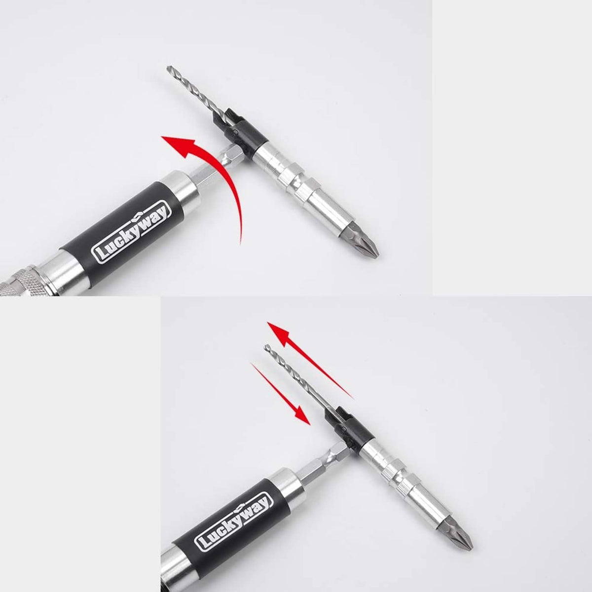 Countersink drill bit set showing bits snapped into the handle for use