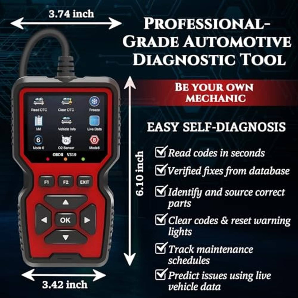 Red handheld automotive diagnostic tool with 3.74-inch size callouts and screen
