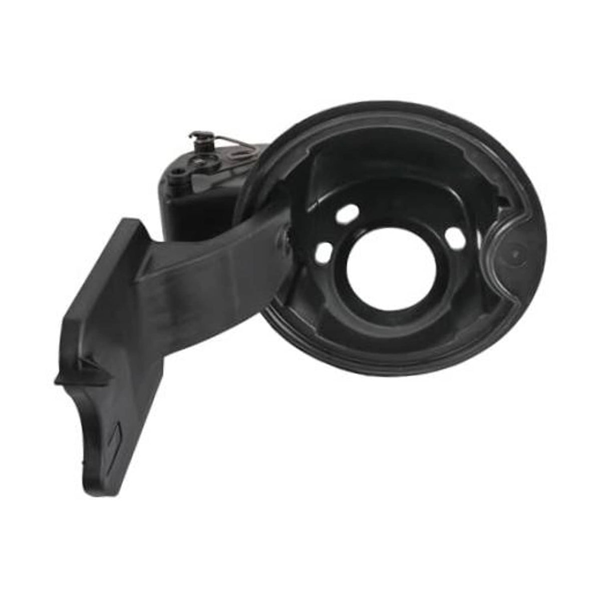 Black plastic fuel filler door housing pocket assembly with hinge and mounting points