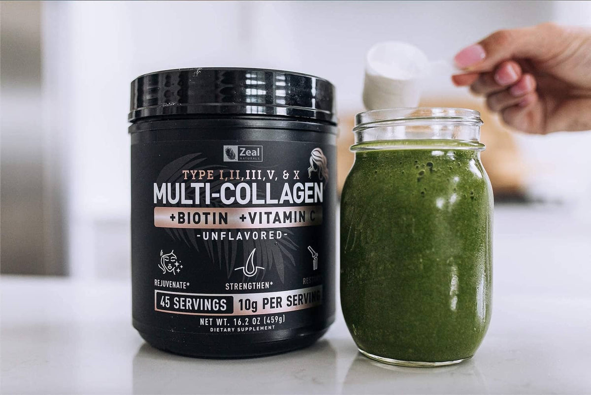 Multi-collagen peptides tub with unflavored powder mix in a green blending jar