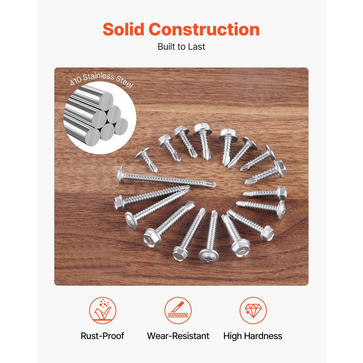 Self-drilling screws with round washer heads and drill points, stainless-steel look