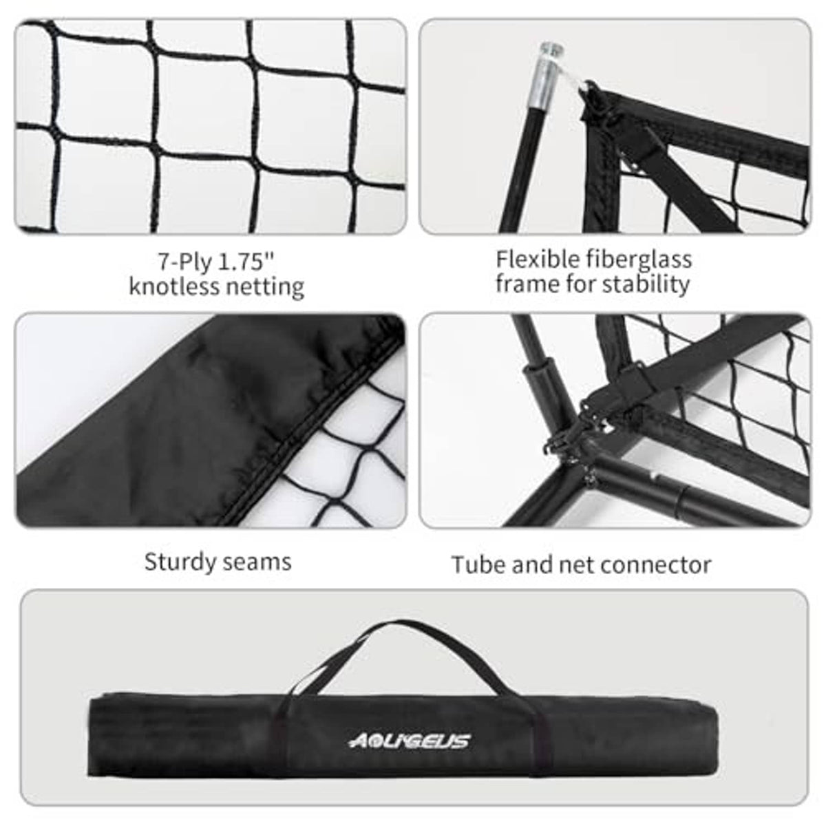 Baseball practice net accessories set: carry bag, fiberglass tube connector, knottless mesh