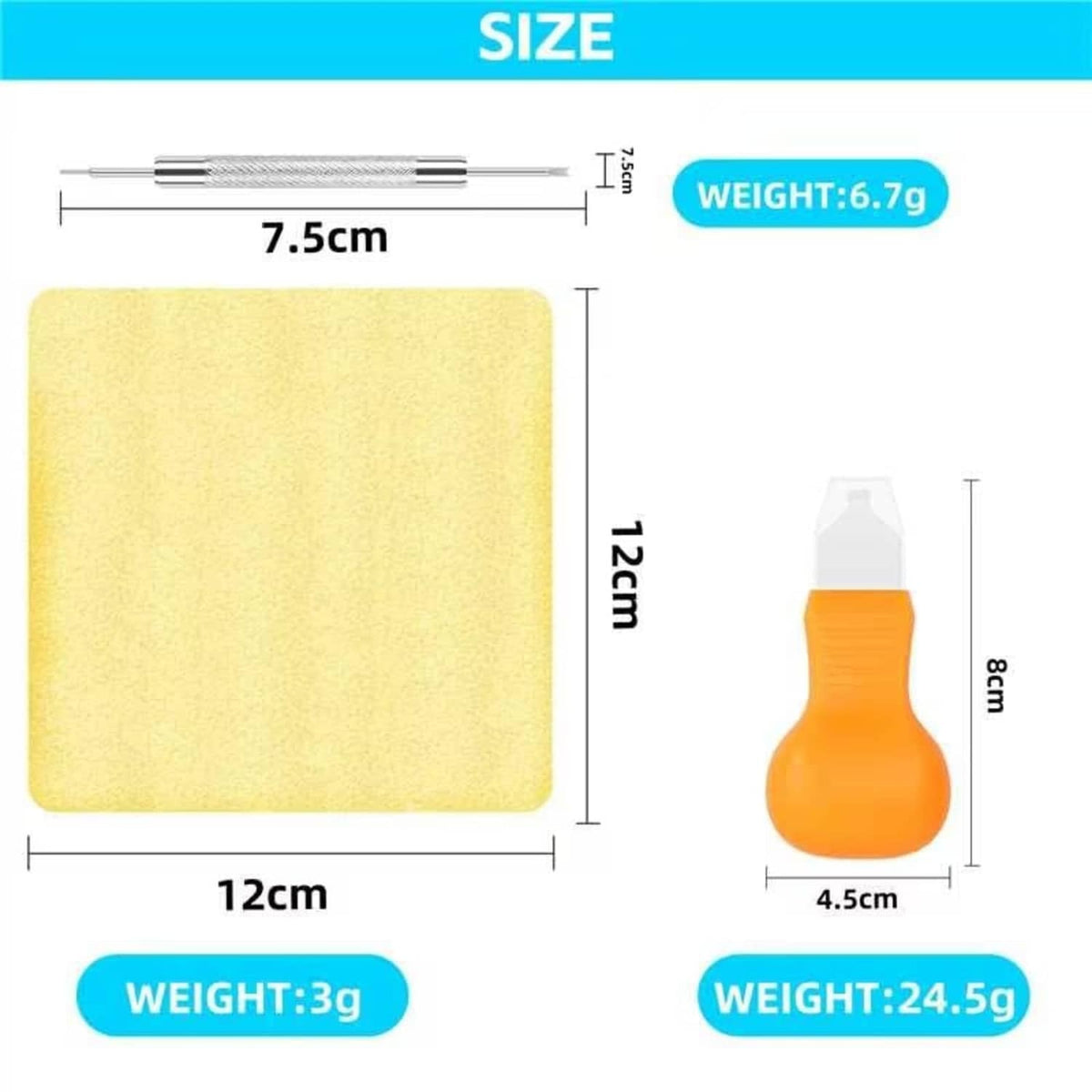 Watch press tool accessories: yellow square pad and orange rubber press tip with size labels