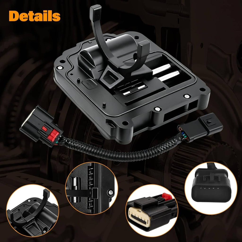 Black transfer case actuator with detailed housing, metal rods, and multi-connector wiring