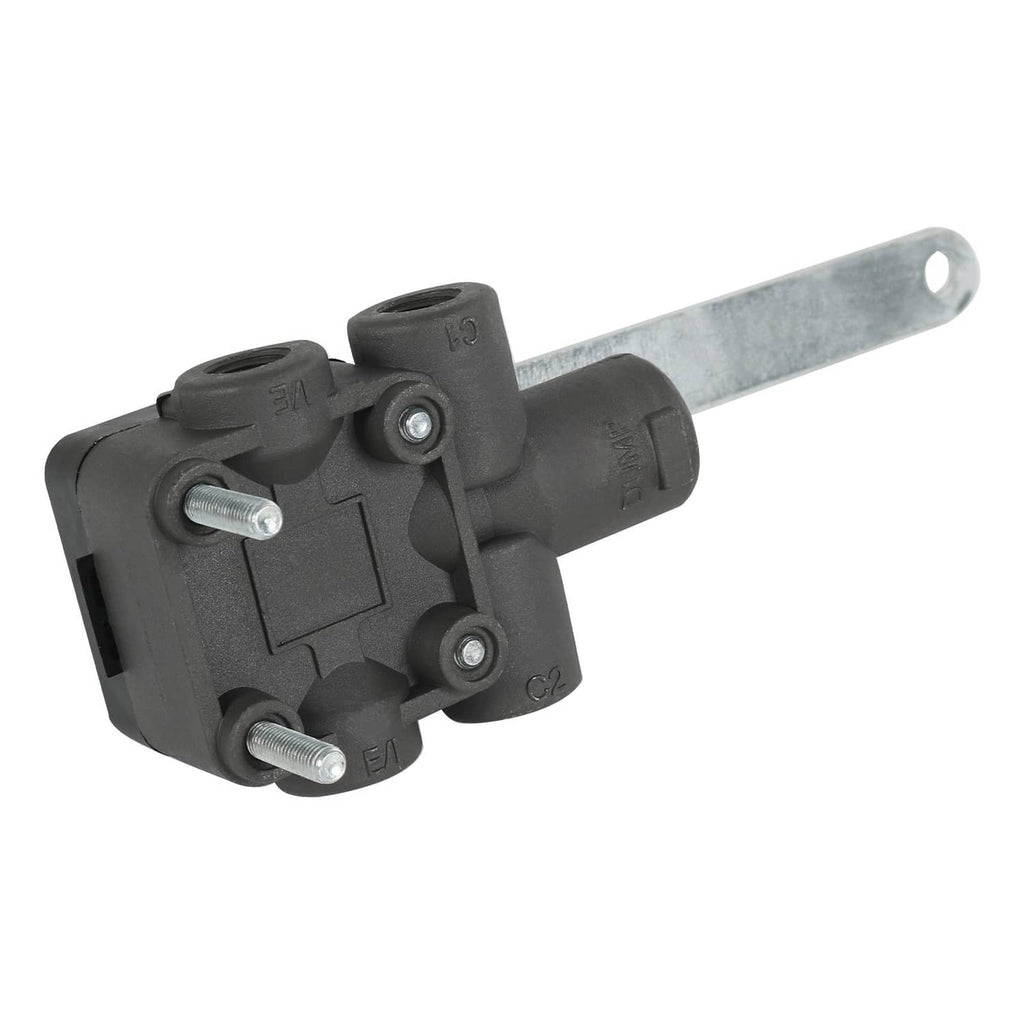 Leveling valve with bent metal arm and black housing, viewed from the side