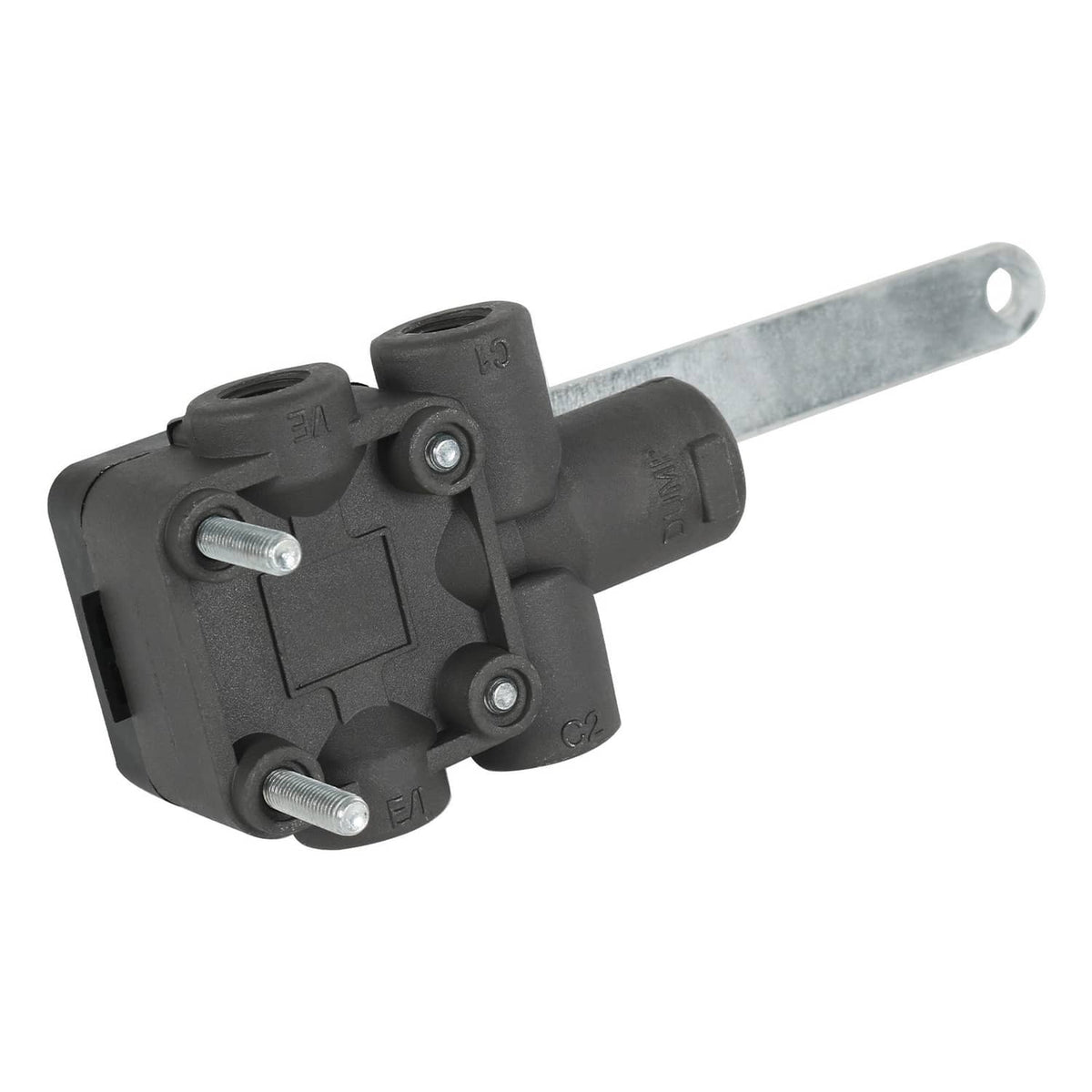 Leveling valve with bent metal arm and black housing, viewed from the side
