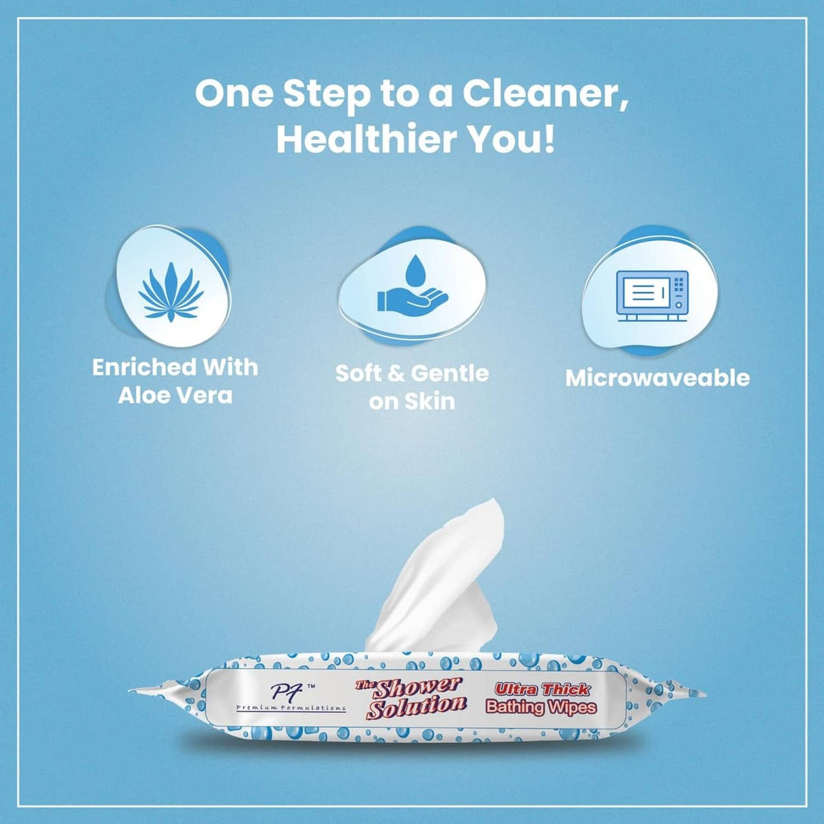 Bathing wipes benefits icons: enriched with aloe vera, soft & gentle, microwaveable