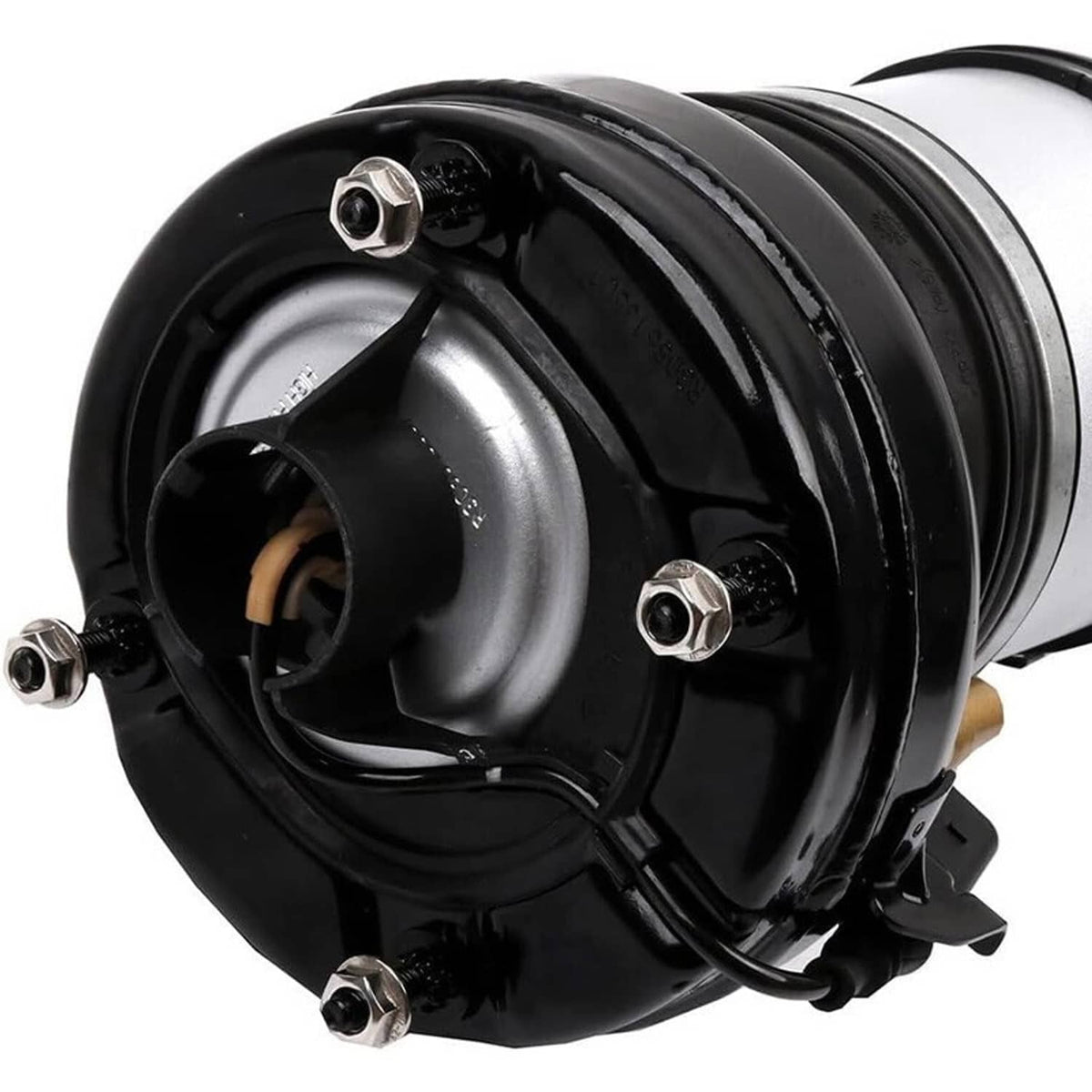 Air suspension strut top cap with bolt holes and black housing, showing inner metal spring