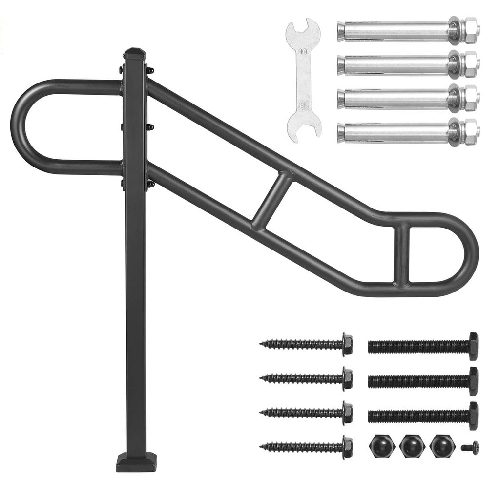 Black outdoor floor-mounted handrail with post, curved grip, and mounting hardware