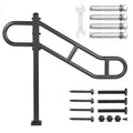 Black outdoor floor-mounted handrail with post, curved grip, and mounting hardware