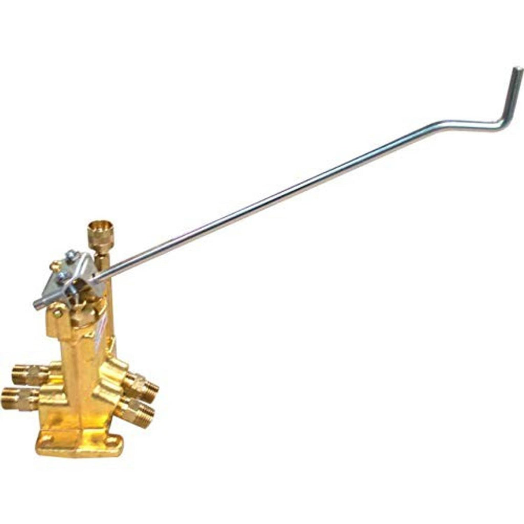 Brass acetylene/oxygen valve manifold with extended metal outlet tube and fittings