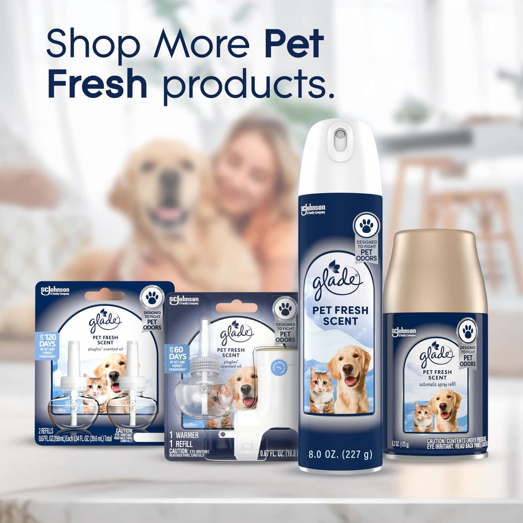 Pet fresh refill lineup: canister, bottle, and spray product on a shelf