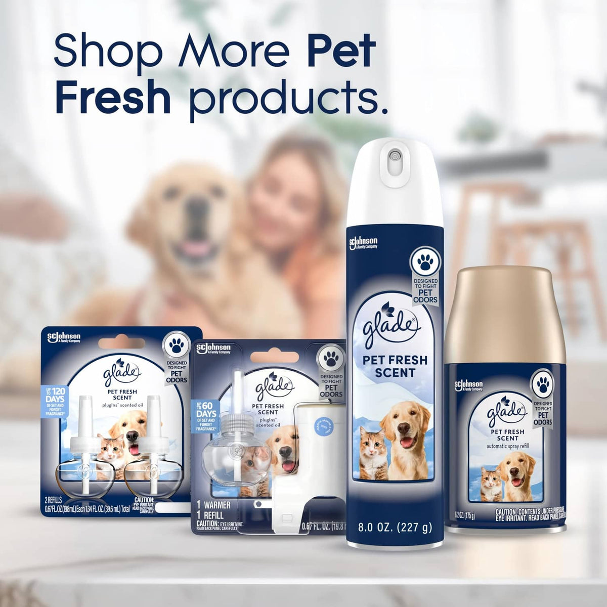 Pet fresh refill lineup: canister, bottle, and spray product on a shelf