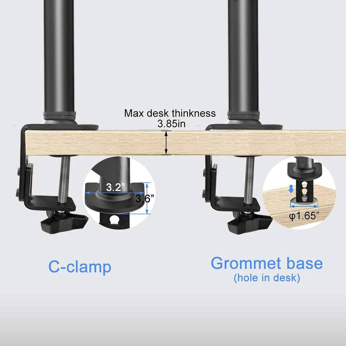 Monitor arm desk clamp and grommet base with adjustable max desk thickness