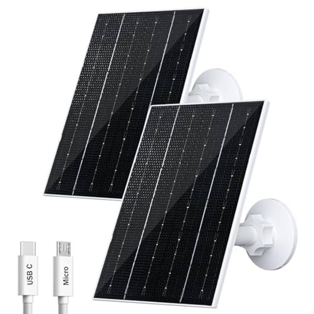 Pair of black solar panels with white circular wall mounts and USB-C/micro USB connectors