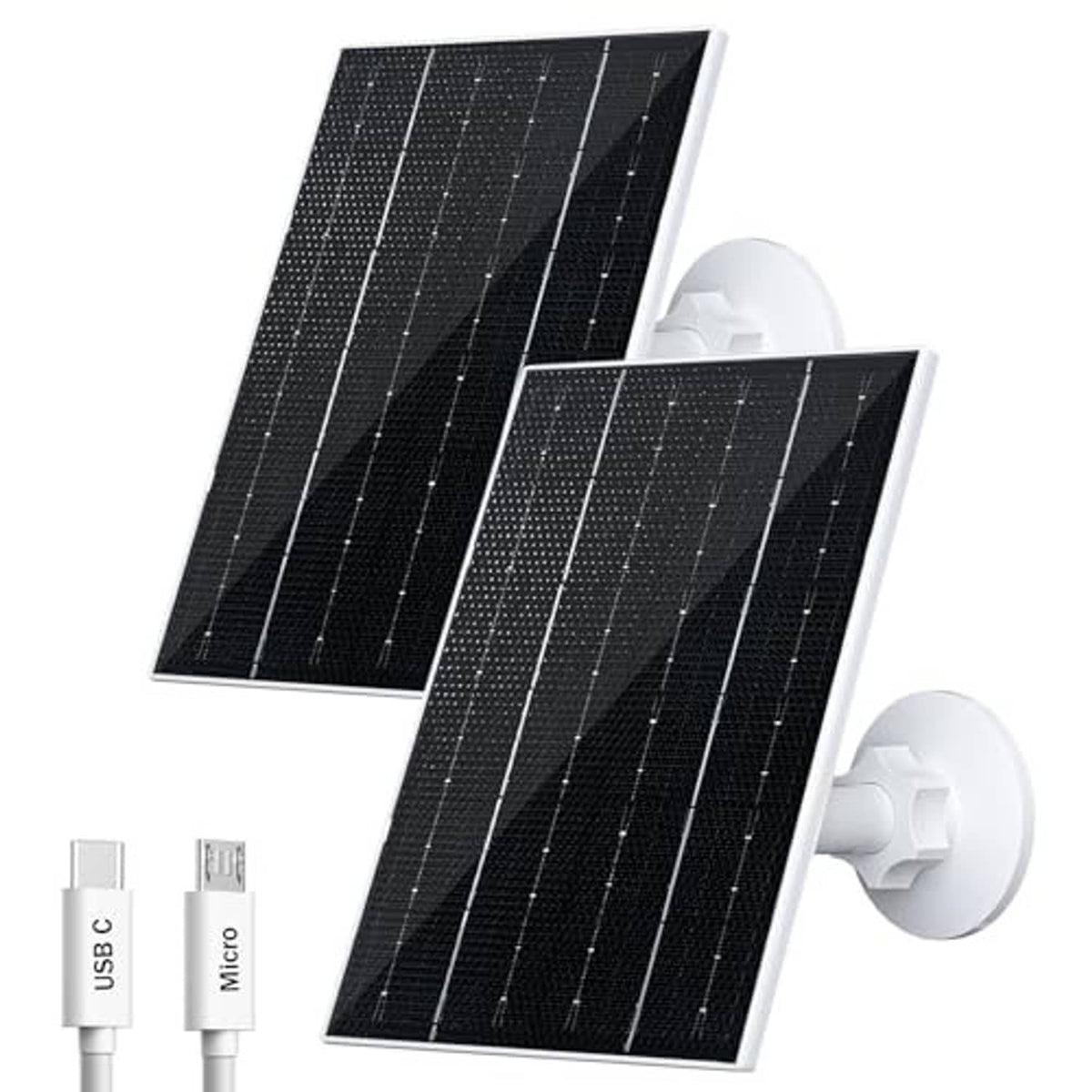 Pair of black solar panels with white circular wall mounts and USB-C/micro USB connectors
