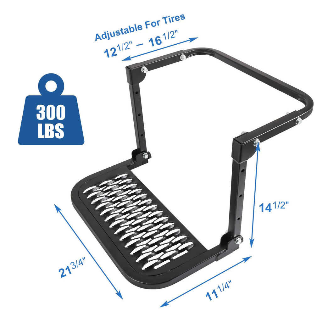 Black tire step with adjustable metal frame and ribbed anti-slip tread platform
